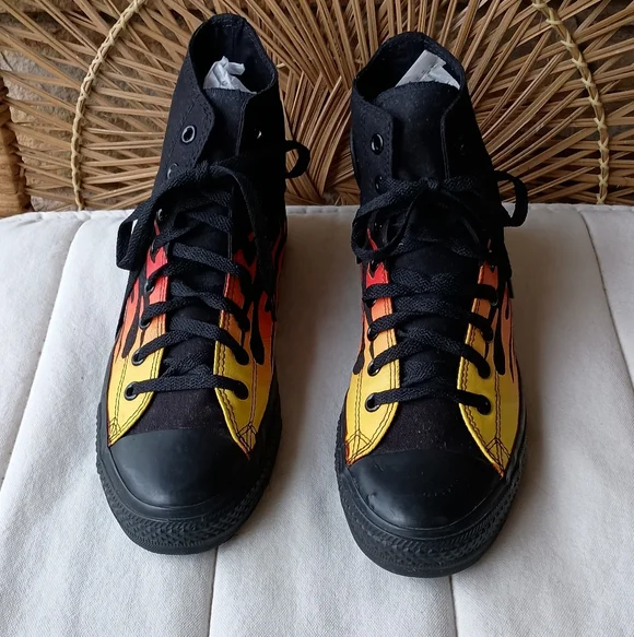 Converse Black High-Top Sneakers with Red and Yellow Flames_10 - Picture 2 of 14